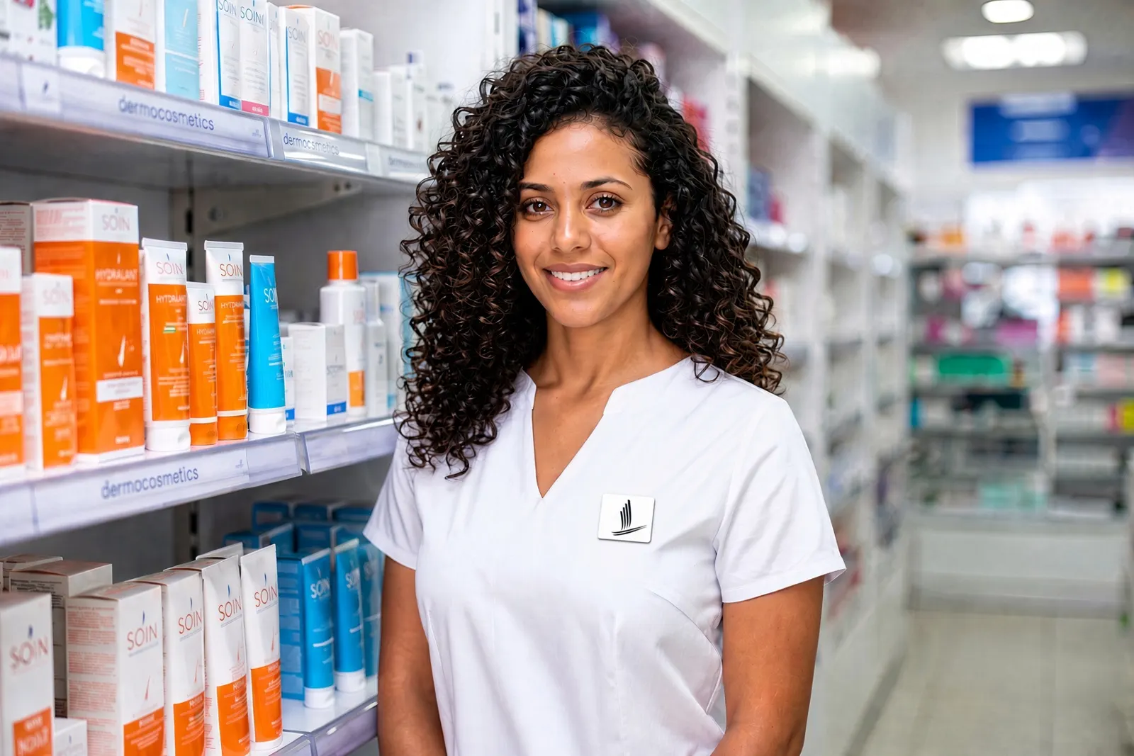 Conseillère LPI en pharmacie devant un linéaire dermocosmétique
